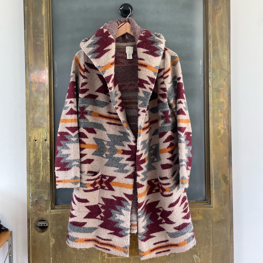 Joie Southwestern Aztec Wool Blend Hooded Duster Cardigan Coat M